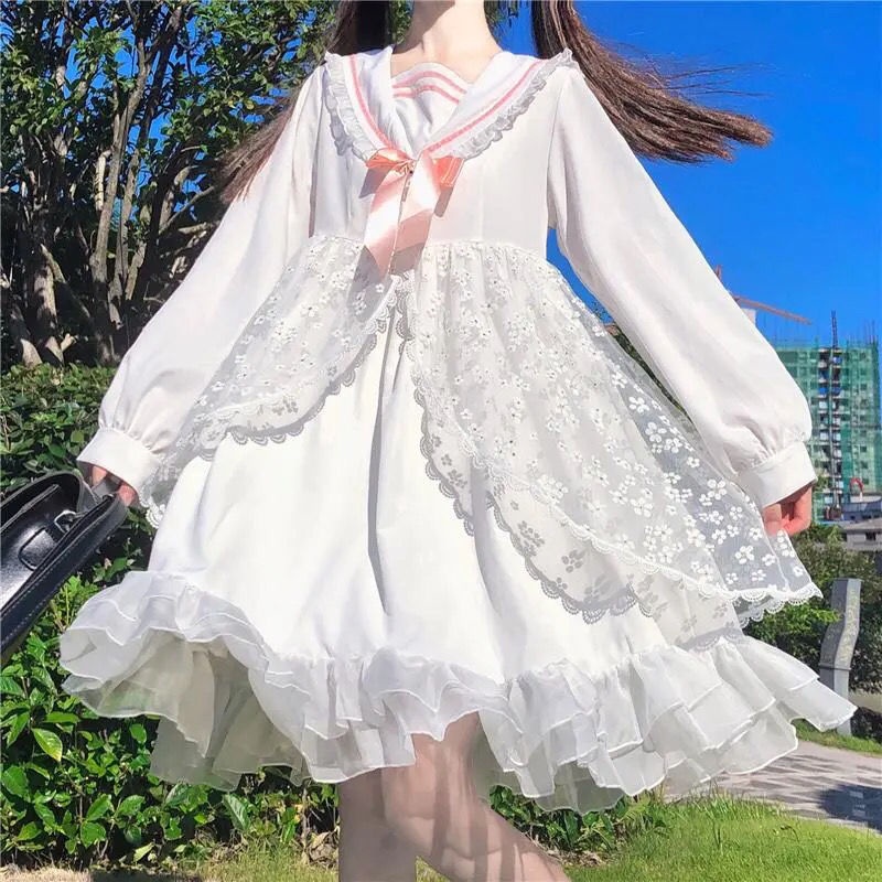 Đầm Công Chúa Dáng Rộng Phối Lưới Màu Trắng Phong Cách lolita Nhật Bản váy babydoll