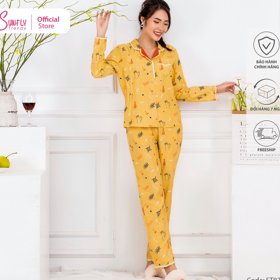 Bộ đồ mặc nhà nữ pijamas linen SUNFLY áo dài quần dài ST8743
