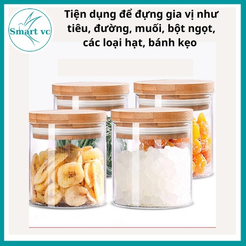 Lọ thủy tinh nắp gỗ, hũ thủy tinh đựng gia vị  phong cách Bắc Âu, đựng đường, hạt, đồ khô an toàn, sạch sẽ Deli