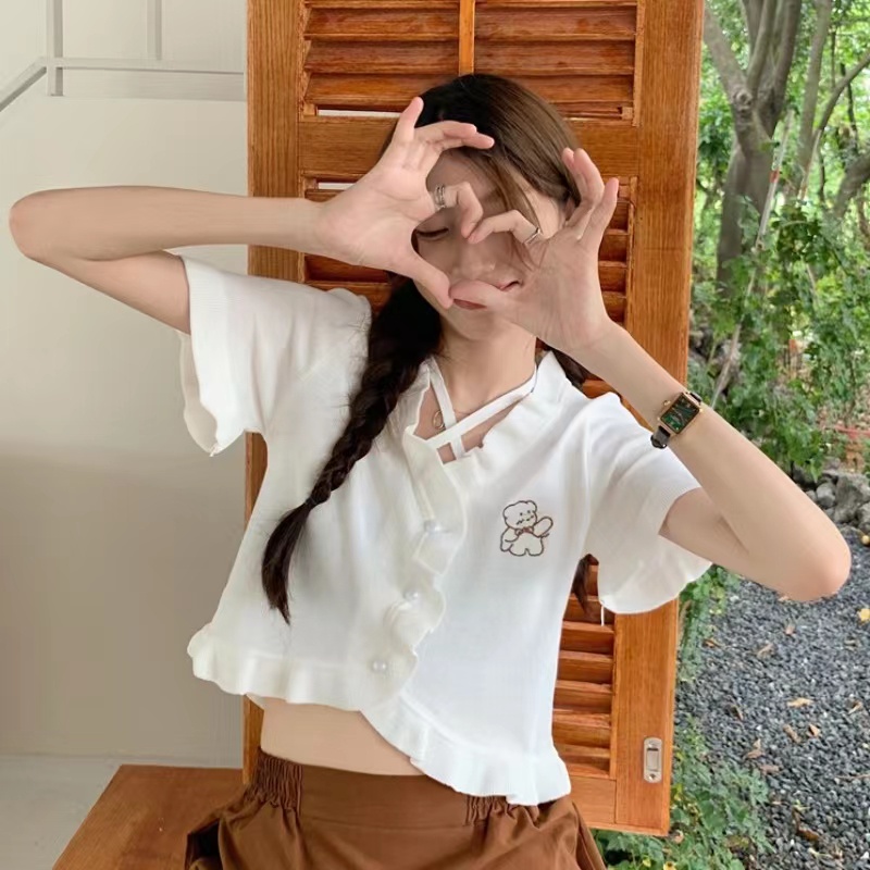 Áo croptop dệt kim thiết kế tay ngắn gợi cảm