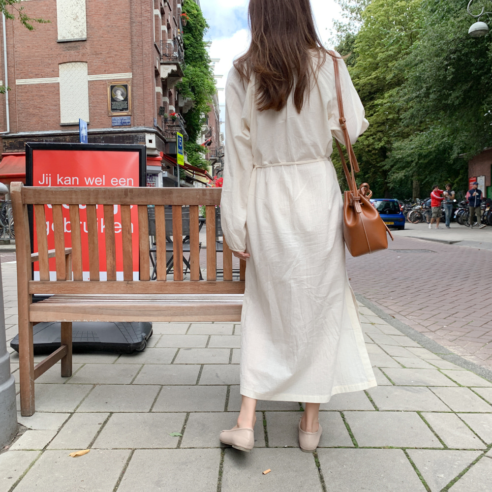 Váy midi tay dài cổ chữ V màu trơn đơn giản thời trang dành cho nữ 30323