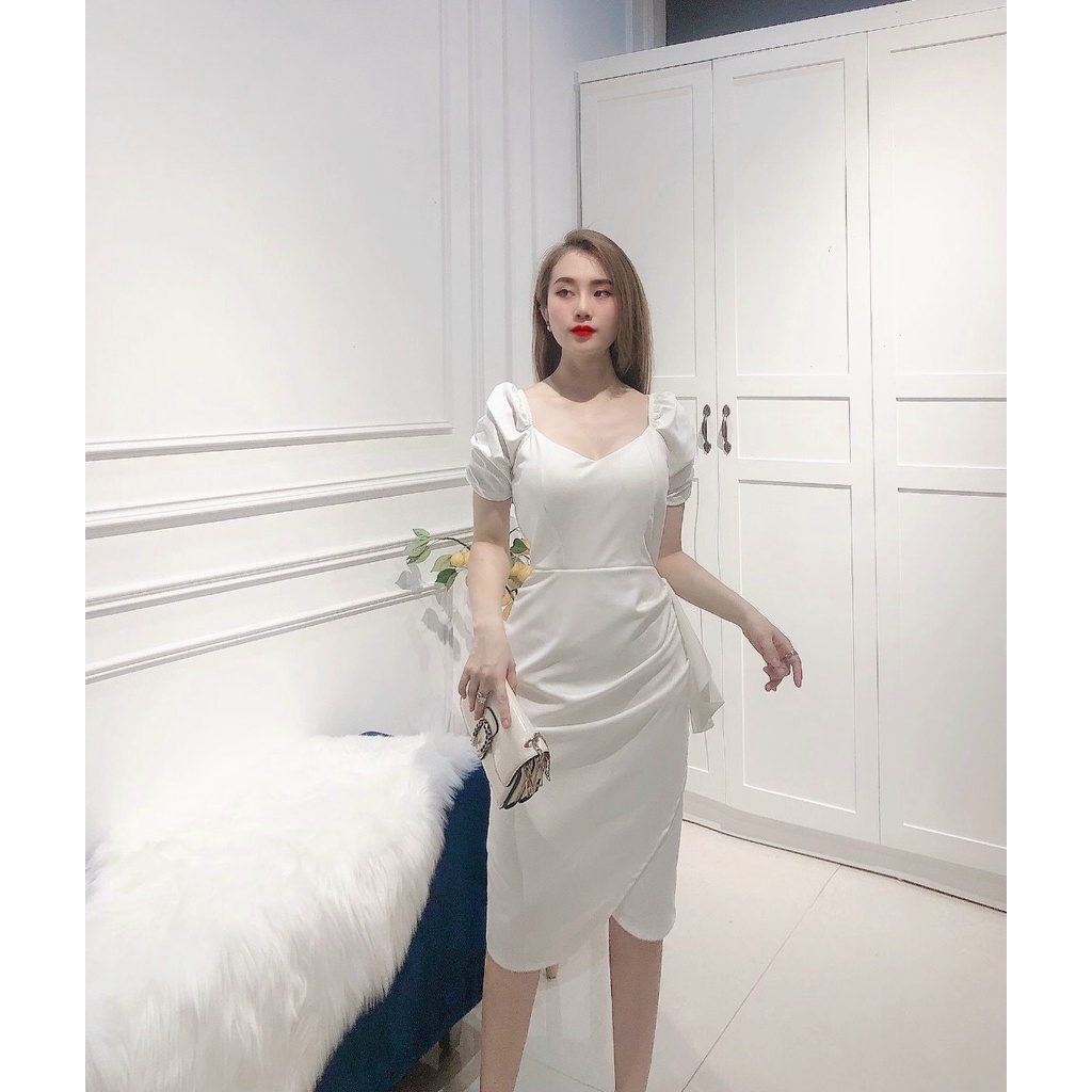 Đầm váy nữ body thiết kế cao cấp cổ chữ U tay nhún sang chảnh dự tiệc 3 màu