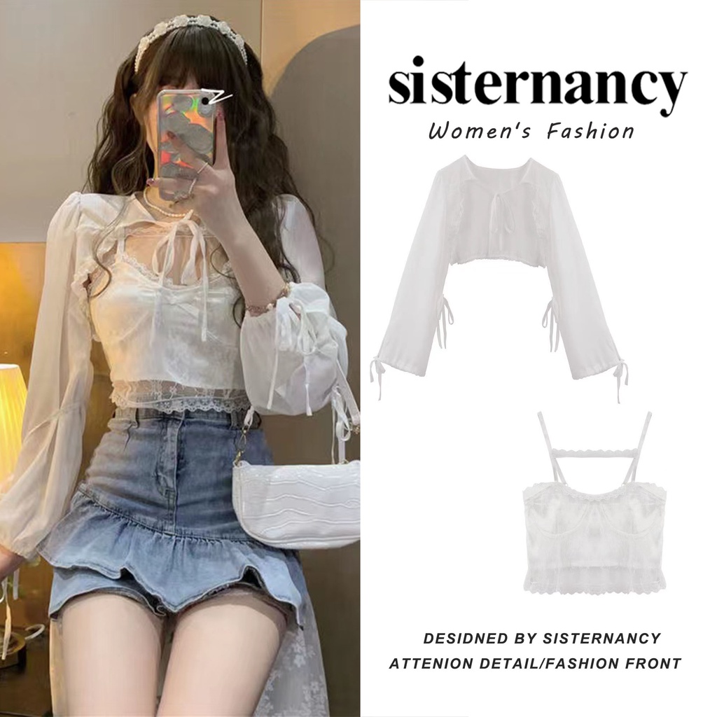 Bộ đồ COZOKC gồm áo khoác dài tay và áo hai dây phối ren xinh xắn dành cho nữ