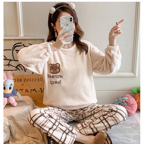 Bộ Mặc Nhà Bộ Đồ Ngủ Nữ Mùa Đông Chất Băng Lông Siêu Mềm Mại, Phong Cách Hàn Quốc