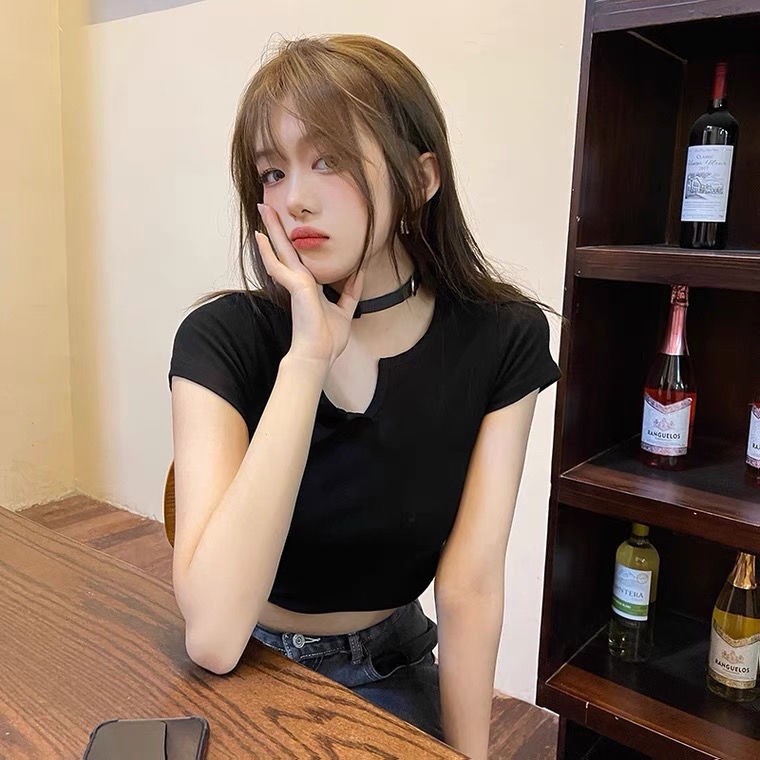 Happy-store  Áo CroptopTay Ngắn Phồng Cổ Chữ V Phong Cách Hàn Quốc Cho Nữ Happy Store