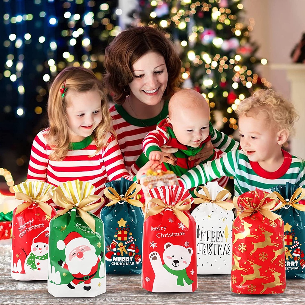 Set 10 Túi Dây Rút Đựng Bánh Kẹo Làm Quà Giáng Sinh