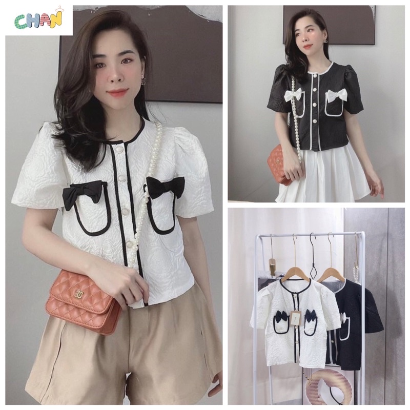 Áo Sơ Mi Gấm Xốp Nơ Túi Cúc Ngọc 2 Màu Đen Trắng