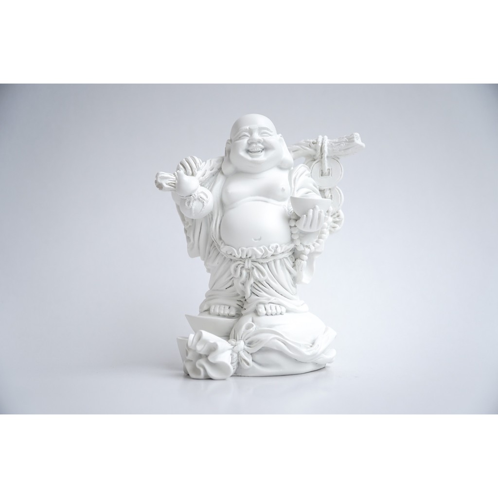 Tượng Phật Di Lặc trên bao tải tiền trắng ngà cầu tài lộc - Cao 14cm