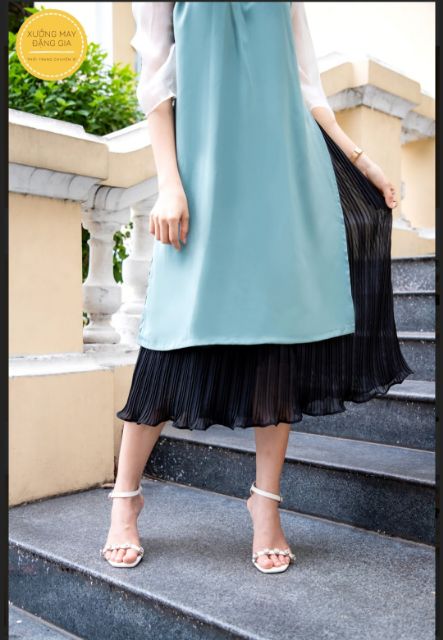 SET ÁO DÀI YẾM XANH VỎ ĐẬU CHÂN VÁY DẬP LY
