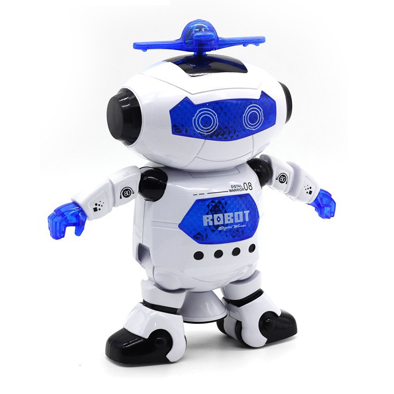 Đồ chơi Robot trắng xanh nhảy múa xoay 360 độ có đèn và nhạc