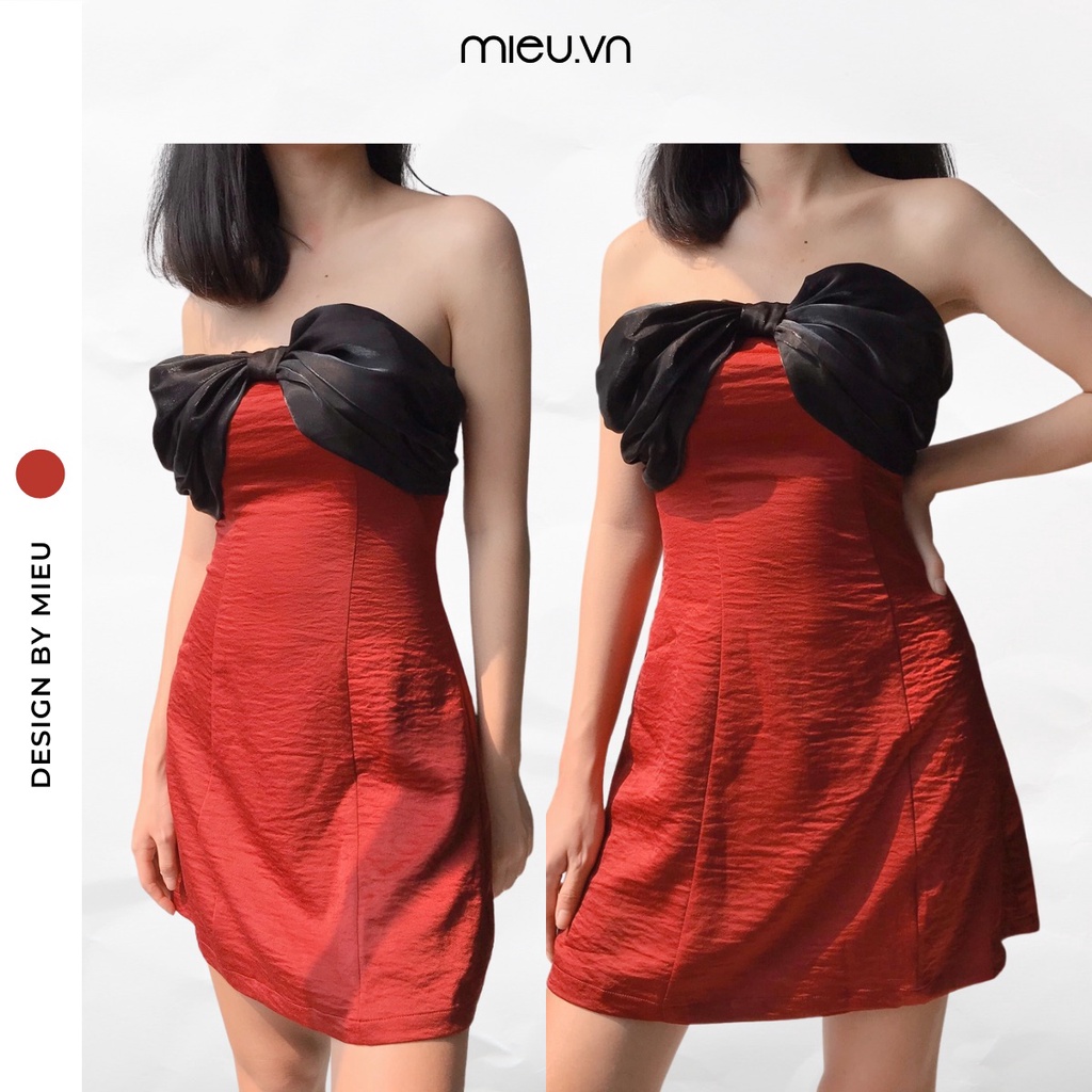 Đầm ống nơ ngực vải oganza và lụa đỏ 2 lớp - FD16