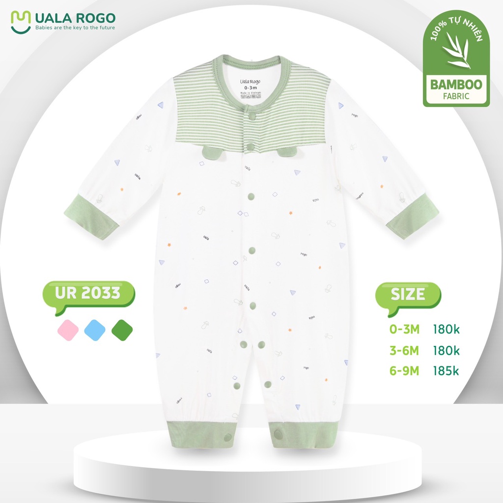 Bodysuit cho bé liền thân sơ sinh Uala rogo 0-9 tháng liền thân vải sợi tre Bamboo mềm co giãn cúc giữa 2033