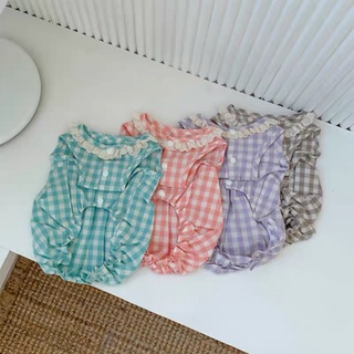 Đầm caro cổ viền ren cho thú cưng
