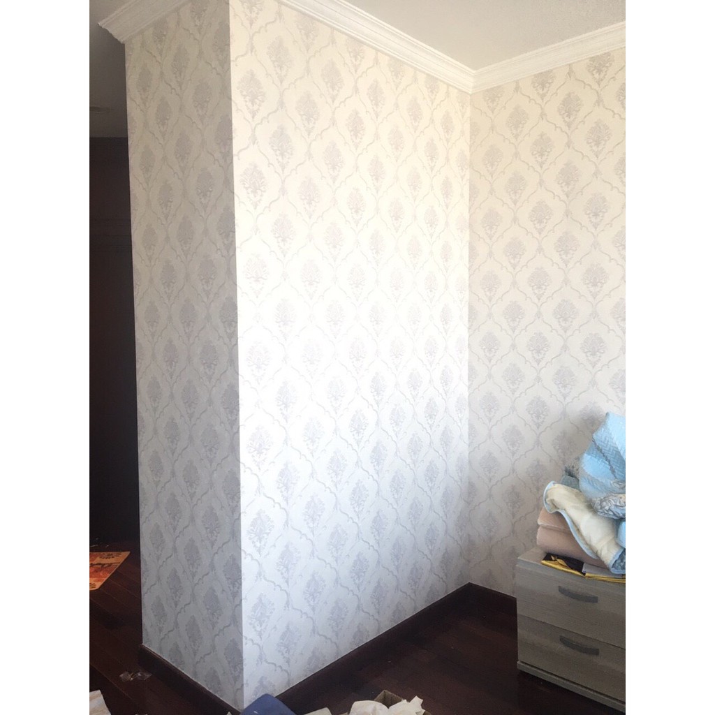 Giấy Dán Tường Hoa Văn Châu Âu 3D Nhỏ Đẹp Cho Phòng Khách, Phòng Ngủ, Lụa Không Keo, Khổ 10m x 53 cm Màu Vàng, Trắng Kem