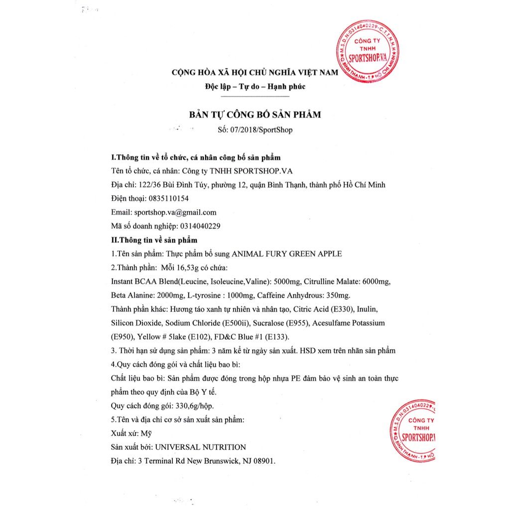 Animal Fury 30 lần dùng, tăng sức mạnh kèm BCAA