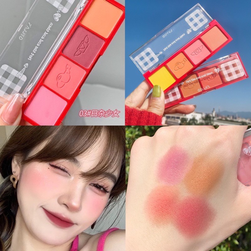 Phấn má hồng 4 ô kẹo ngọt GELLA tone cam hồng xinh xắn dễ makeup, chất phấn siêu mịn