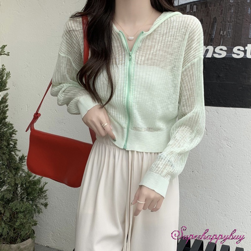 Áo Khoác Cardigan Dệt Kim Chống Nắng Vải Lụa Lạnh Mỏng Xuyên Thấu Có Mũ Trùm Che Nắng Cho Nữ