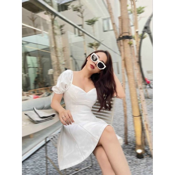 Đầm gân cổ vuông tay bo