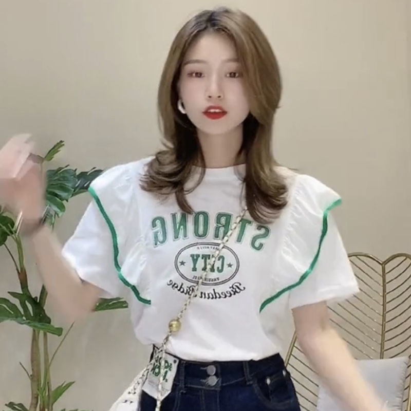 Áo Thun Cotton Tay Ngắn Phối Bèo In Chữ Thời Trang Cho Nữ