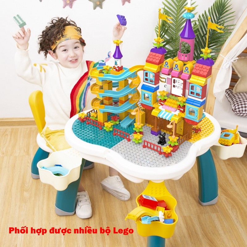 Bàn lắp ghép lego cho bé kèm ghế 126 chi tiết – Đồ chơi xếp hình thông minh kiêm bàn ghế ngồi học gấp gọn – DC042