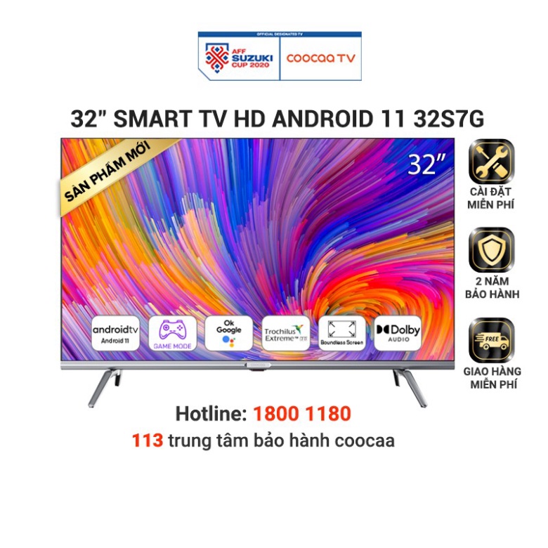 Smart TV HD Coocaa 32 Inch Wifi - 32S7G - Android 11 - Viền mỏng - Miễn phí lắp đặt Full (Nguyên seal )