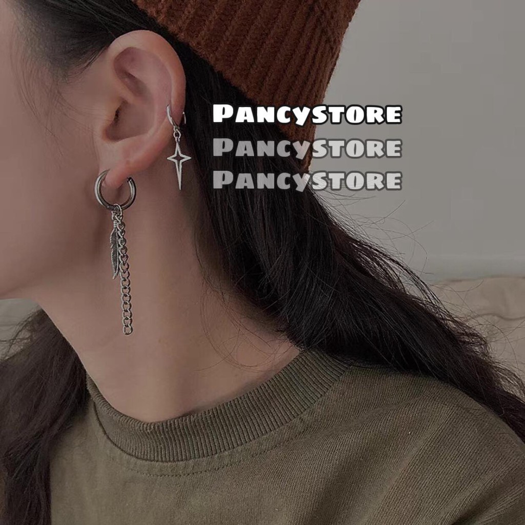 khuyên tai titan vòng xích chiếc lá không gỉ unisex