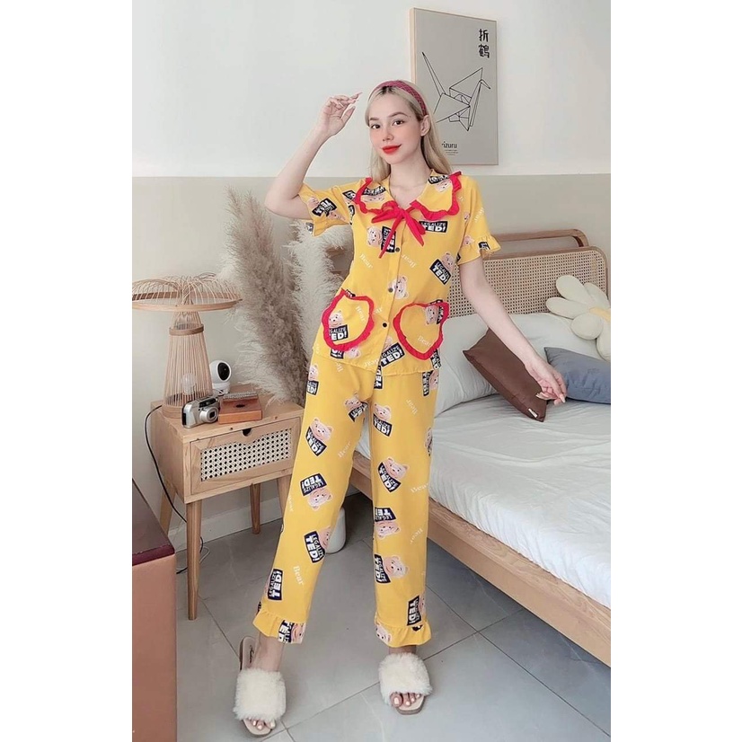 Đồ bộ nữ pijama bộ lụa ngủ mặc nhà tiểu thư tay ngắn quần dài dễ thương