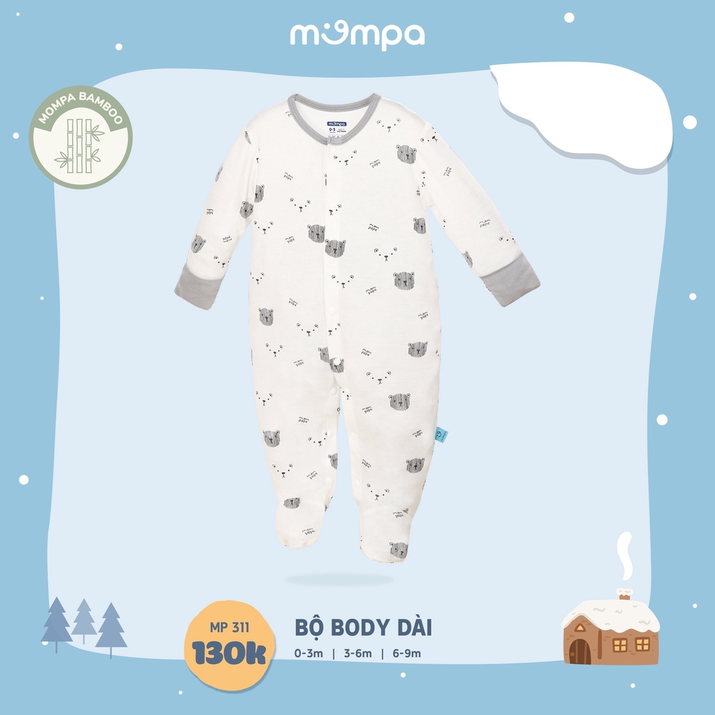 Bộ Bodysuit chùm chân liền thân Mompa 0-9 tháng vải sợi tre co giãn cúc giữa mềm mịn 311