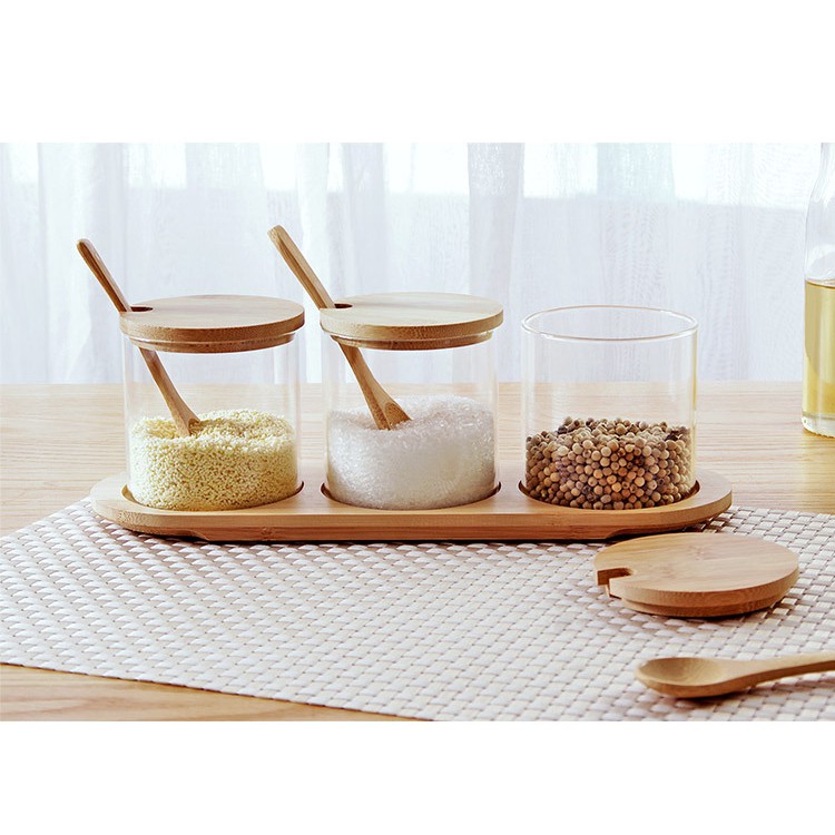 Bộ 3 Lọ đựng gia vị thủy tinh kèm đế gỗ cao cấp, hũ đựng gia vị kèm thìa tiện lợi FAMAHA | BigBuy360 - bigbuy360.vn