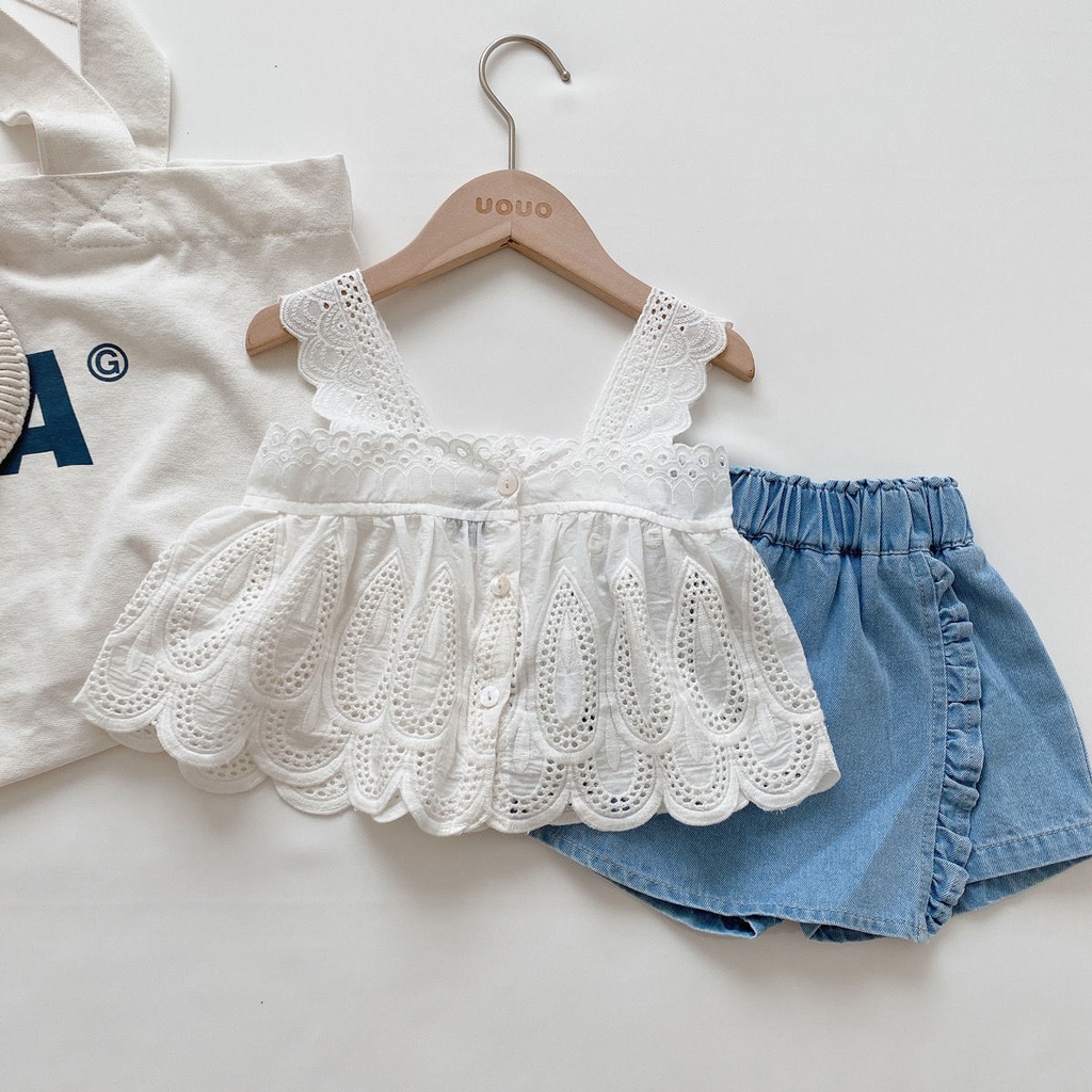 Set Áo Hai Dây + Quần Short Denim Thời Trang Mùa Hè Cho Bé Gái