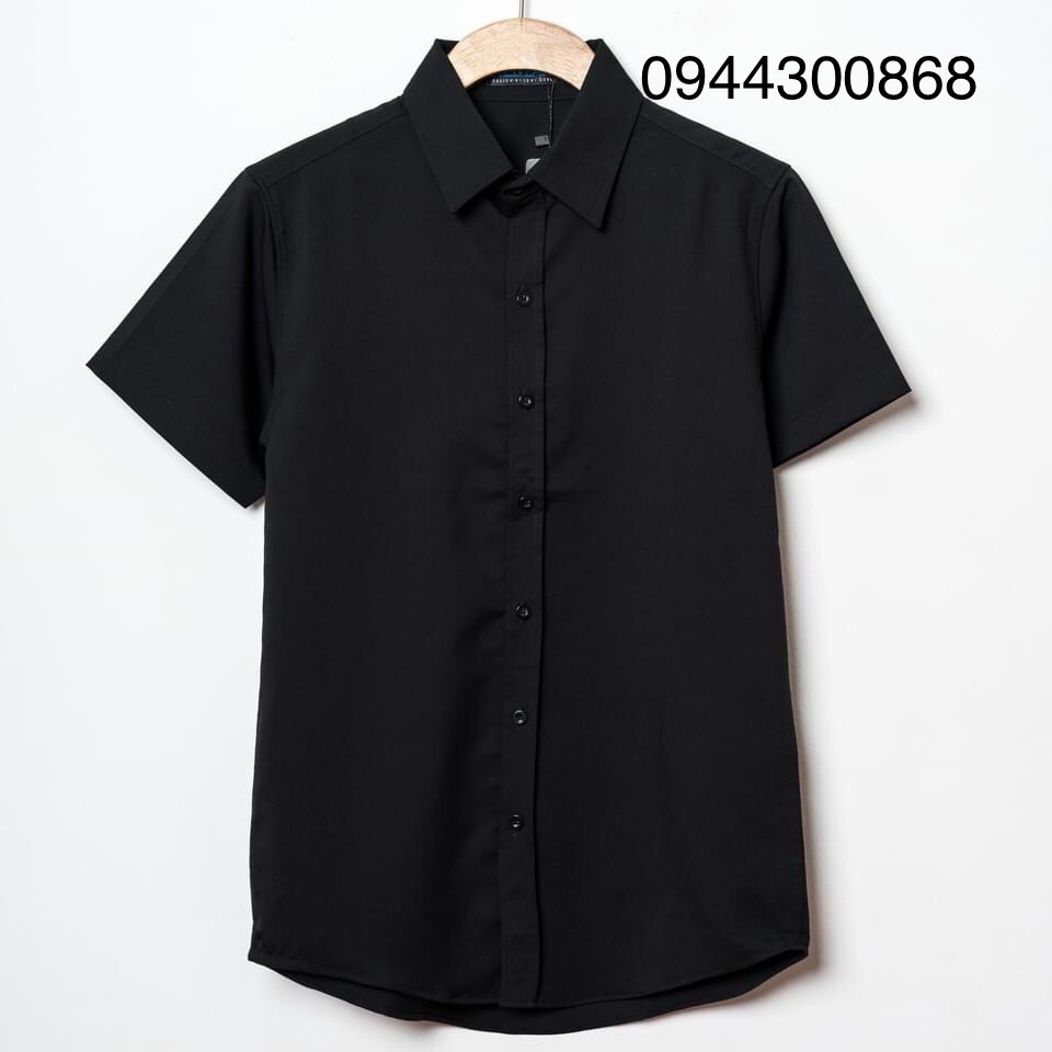 Áo sơ mi nam ngắn tay vải cotton lụa trơn mát không nhăn đen lịch lãm phong cách Hàn Quốc