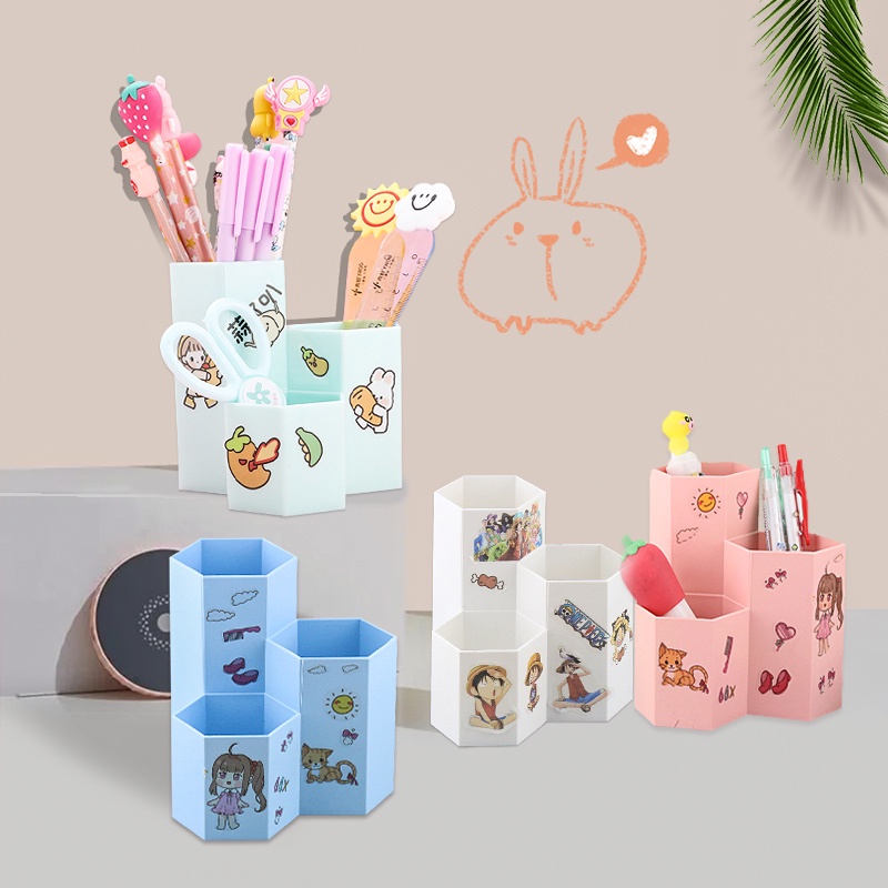 Dễ Thương Hộp Đựng Bút Hình Lục Giác Sức Chứa Lớn Kèm Miếng Dán Sắp Xếp Gọn Gàng Cho Học Sinh