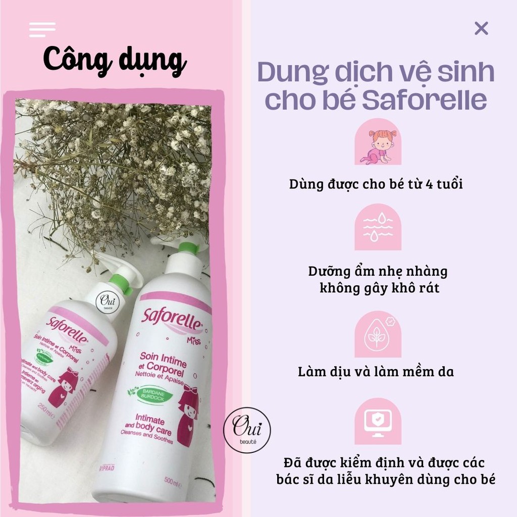 Sữa tắm, Dung dịch vệ sinh dành cho em bé Saforelle Miss 250ml và 500ml Ouibeaute