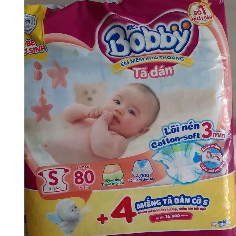 Bĩm Dán Bobby siêu thấm sơ sinh, tả dán bobby tặng 4 miếng tả dán size s đủ size  s56,s80 cho bé 4-8kg  mẫu mới