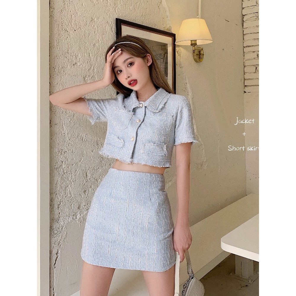 Set đồ kết hợp áo vest dáng croptop và chân váy chữ A cạp cao phong cách ulzzang Hàn quốc