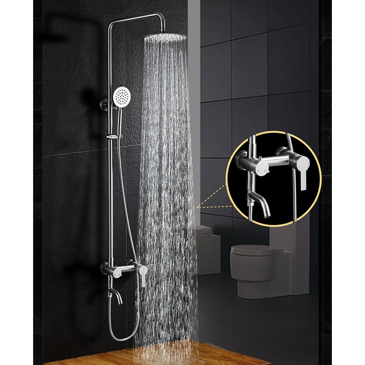 Bộ sen cây tắm đứng Nóng lạnh Inox MỜ chống gỉ sét kèm bộ bát sen tắm và tay sen inox tròn dẹt - QM.BSC004