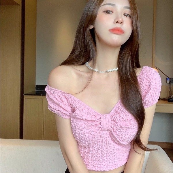 Áo dệt kim ZHELIHANGFEI ngắn tay cổ chữ V thắt nơ đáng yêu phong cách thời trang