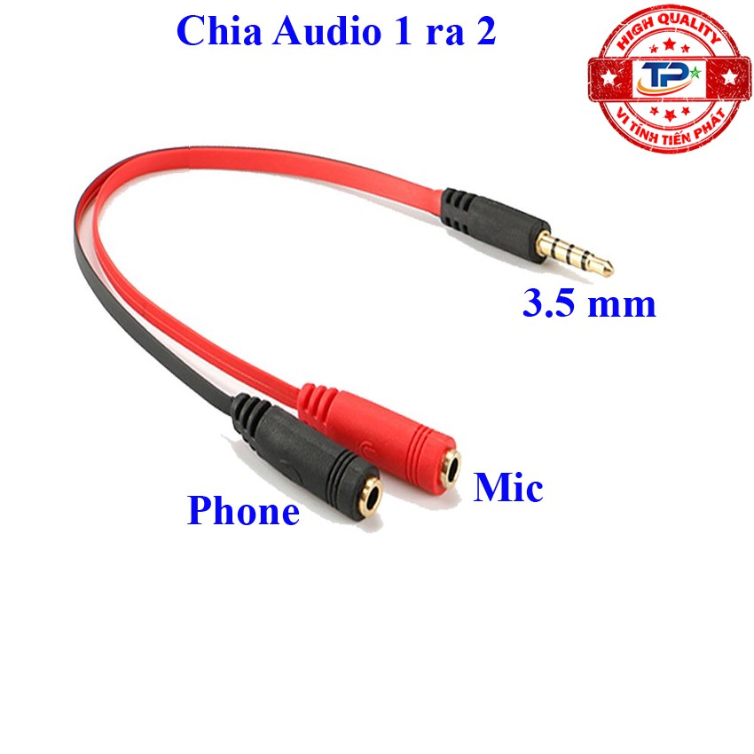 Cáp chia cổng âm thanh 3.5mm 1 ra 2 cổng Mic và Phone - Jack 1 to 2 (đen phối đỏ) cho điện thoại, Laptop...