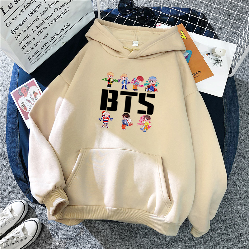 Thời Trang Áo Hoodie Chui Đầu Tay Dài Dáng Rộng In Hình Bts Phong Cách Hàn Quốc 10 Màu Sắc