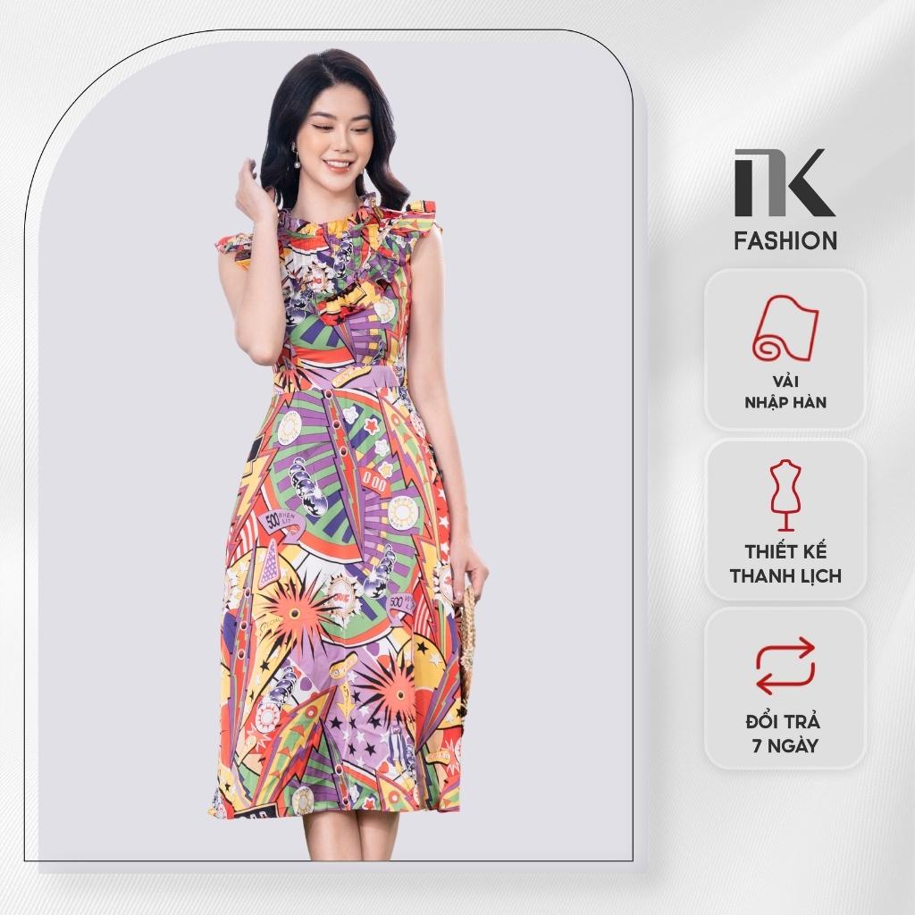 Đầm Dáng Xòe Nữ NK Fashion Thiết Kế Sát Nách Cổ Bèo Họa Tiết Thời Trang, Chất Vải Mềm Mịn NKDV2204008