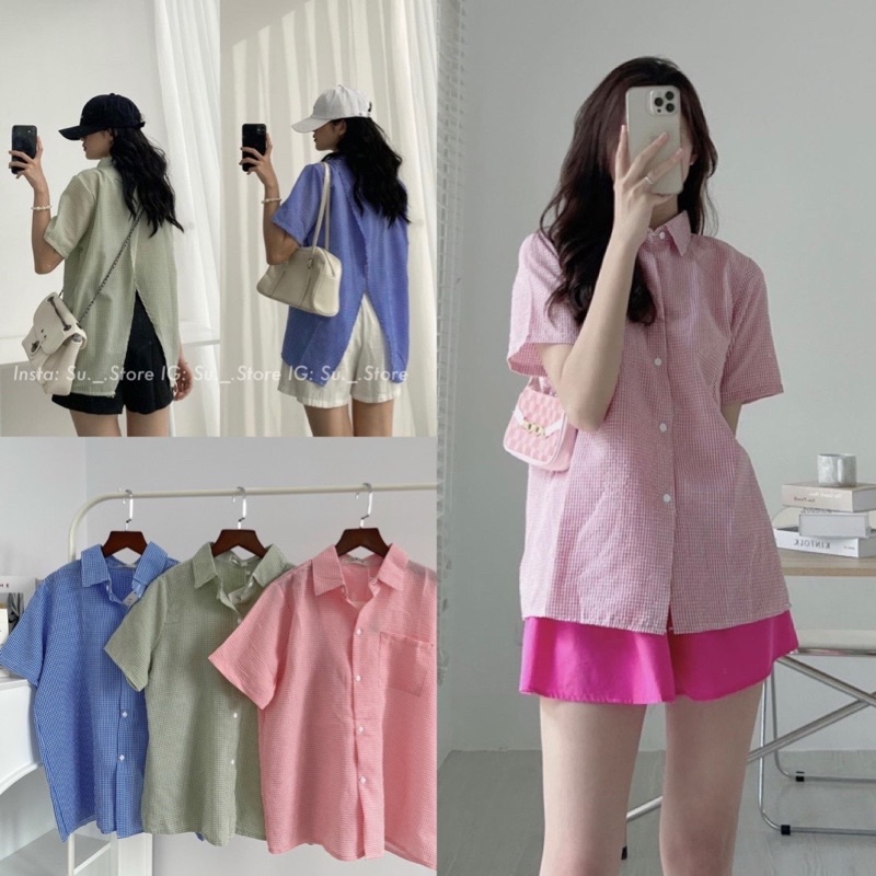 Sơ mi caro xẻ tà sau- Sơ mi caro rộng ( Sản phẩm shop chụp cận chất)