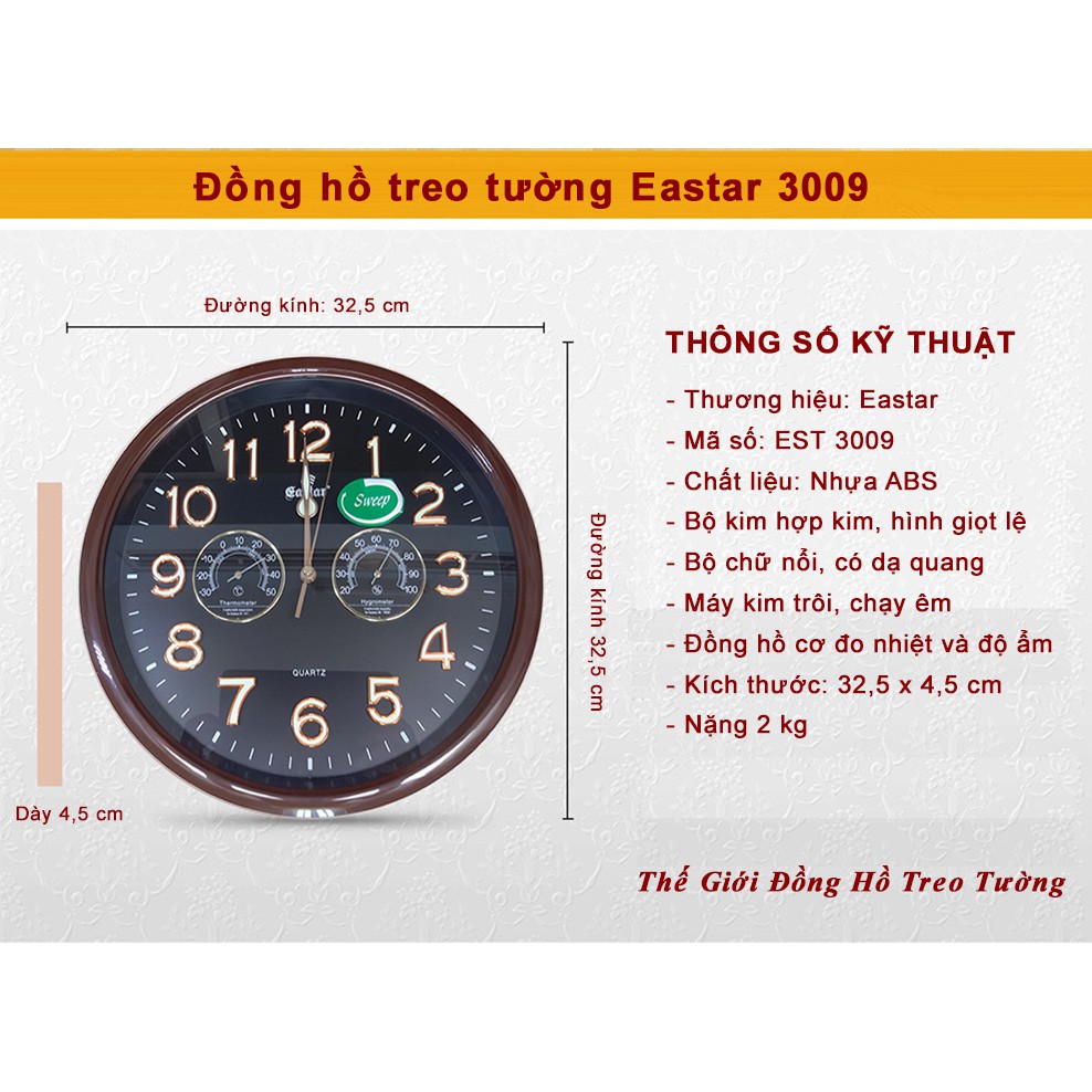 Đồng Hồ Treo Tường KIM TRÔI EASTAR Tròn có DẠ QUANG và Đồng hồ Cơ Đo NHIỆT ĐỘ - ĐỘ ẨM