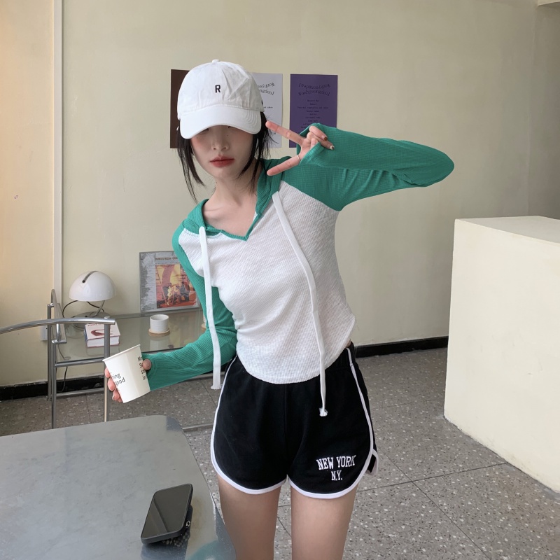 Áo Thun Tay Dài Có Mũ Phối Màu Tương Phản Thời Trang Mùa Hè Dễ Phối Đồ Cho Nữ