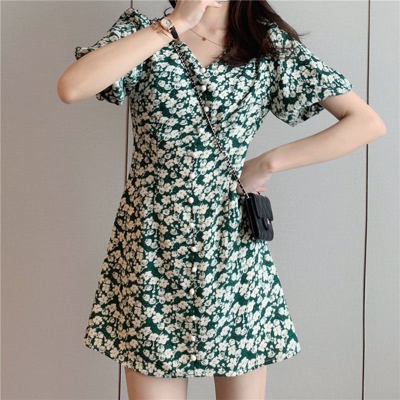 【Ready Stock】 Dress Mỏng Mỏng Ngọt Ngào Tính Khí Mùa Hè Mới Đầm Voan Hoa VCổ Áo aVáy Chữ Break Chia Váy