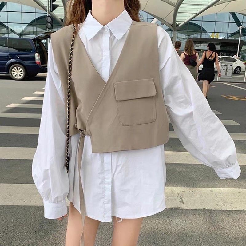 Áo Gile Nam nữ Unisex LOUIS màu ĐEN/NÂU  Áo Gile Croptop Nữ Thiết Kế Basic Chất Kaki Tây Mịn