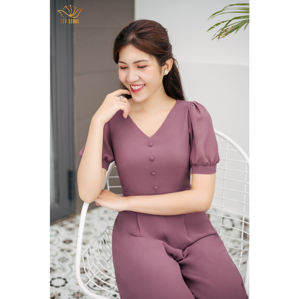 Bộ liền jump trung niên, công sởp - Cổ tim kết nút tay bo - Tím môn - TTV678 TTV Store