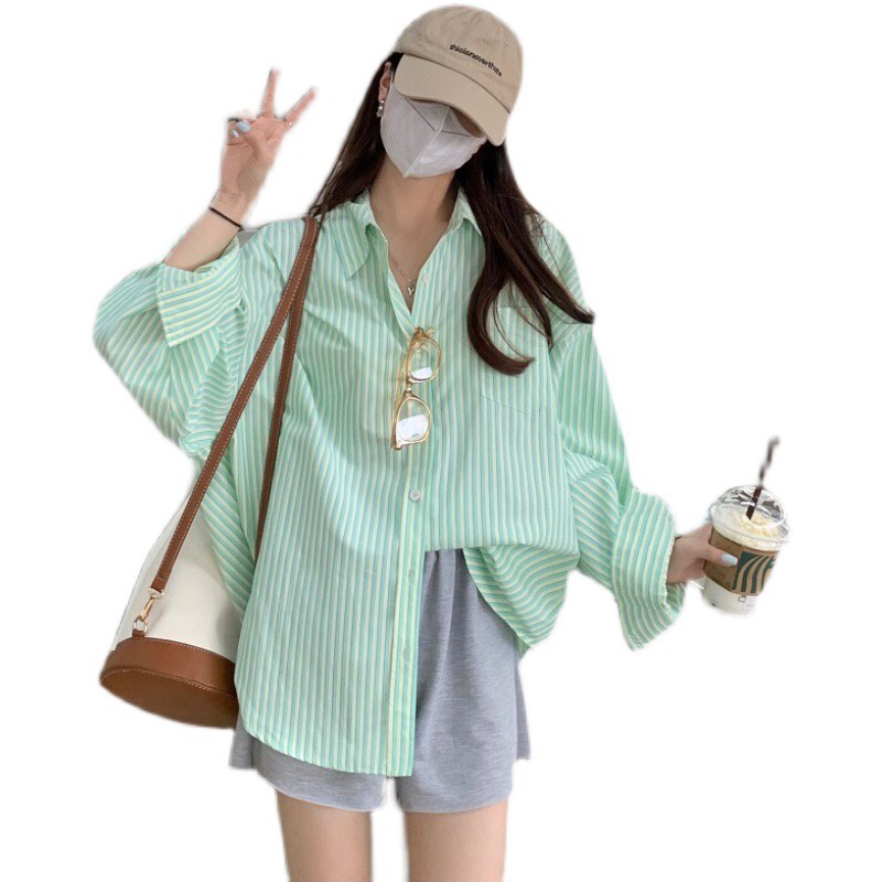 Áo Sơ Mi Cổ POLO Dáng Rộng Họa Tiết Kẻ Sọc Thiết Kế Mới Thời Trang Xuân Hè Cho Nữ