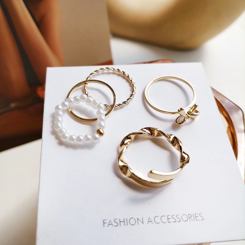 Bộ Bốn Nhẫn Đeo Ngón Tay Đính Ngọc Trai Và Nơ Thời Trang Xuân Hè Cho Nữ