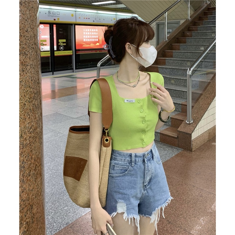 Xiaozhainv Áo sweater Croptop Cổ Vuông Kiểu Hàn Quốc Thiết Kế Quyến Rũ Cho Nữ