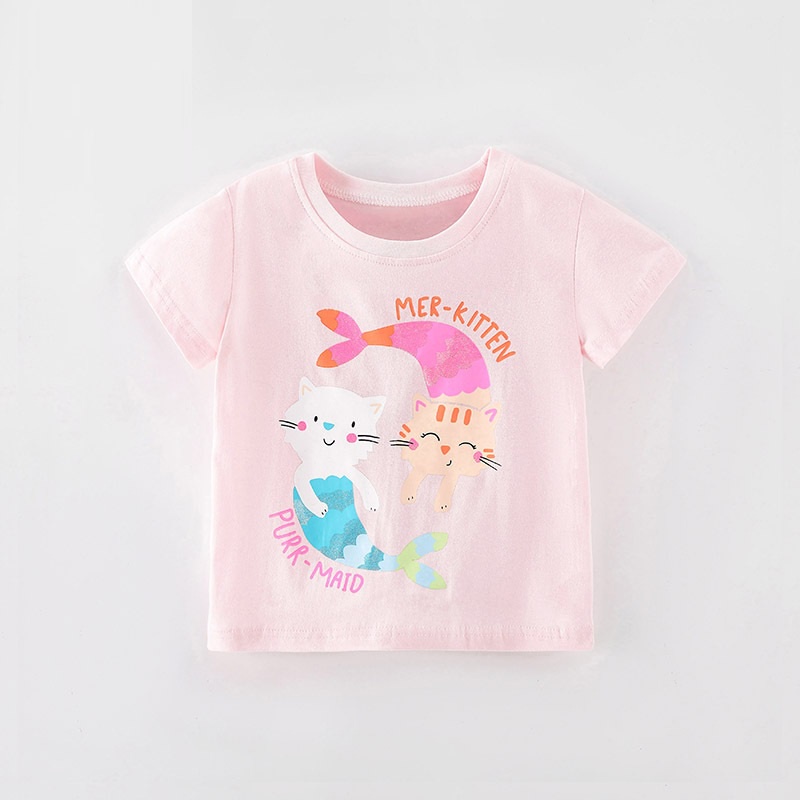Áo Thun Tay Ngắn Cổ Tròn Chất Liệu Cotton In Hình Mèo Dễ Thương Cho Bé Gái
